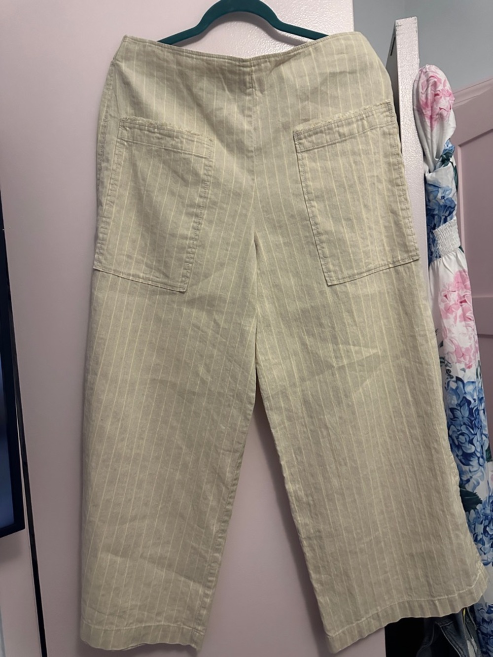 High-Waist Cropped Wide-Leg Pinstripe Pants in Light Beige